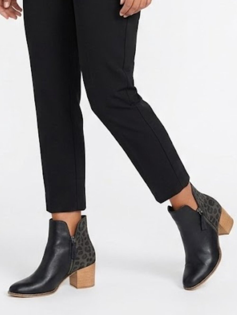 Bueno Jenna Black Leather Leopard Print Block Heel Ankle Boots Booties Size 6.5